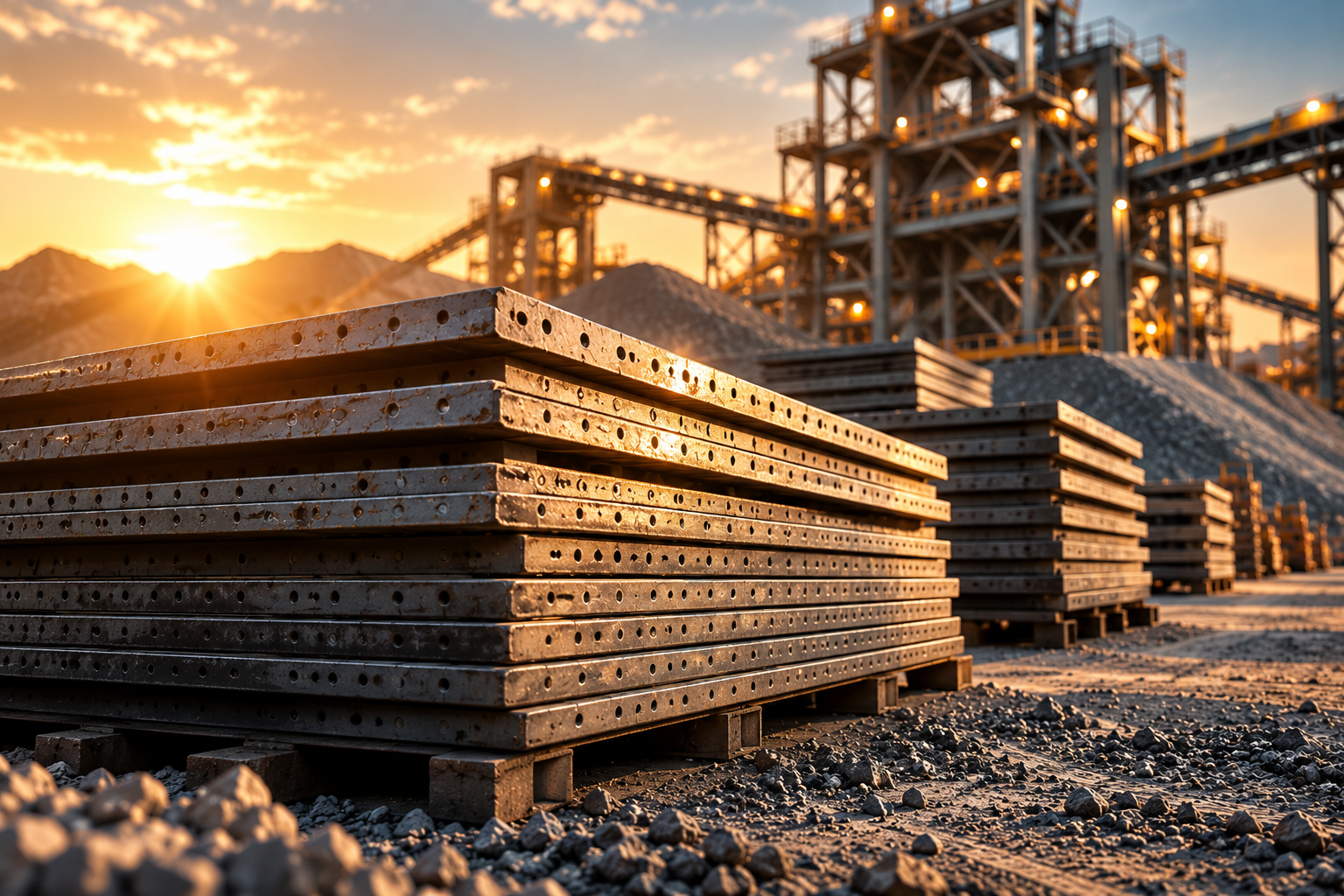 Stacks of thick perforated steel wear plates on pallets in front of a mineral processing plant