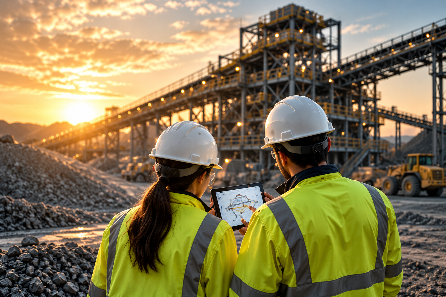 Two professionals in hard hats and hi-vis vests reviewing a tablet in front of a mineral processing plant