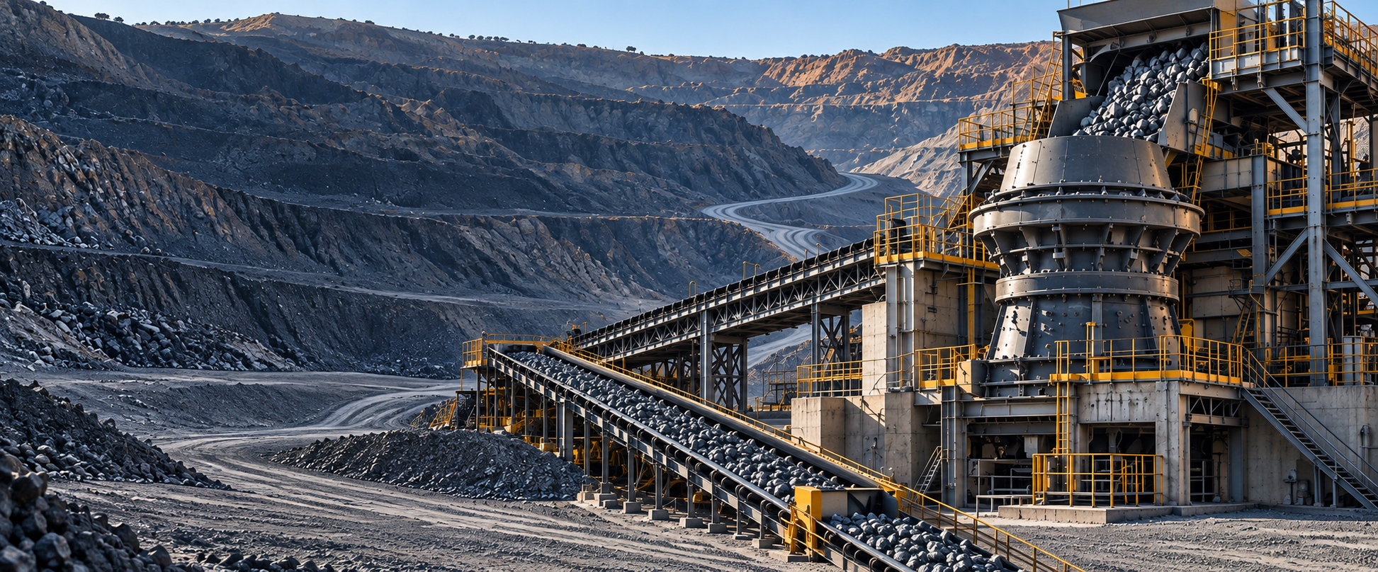 Terraced open-pit mine with a crushing plant and haul roads